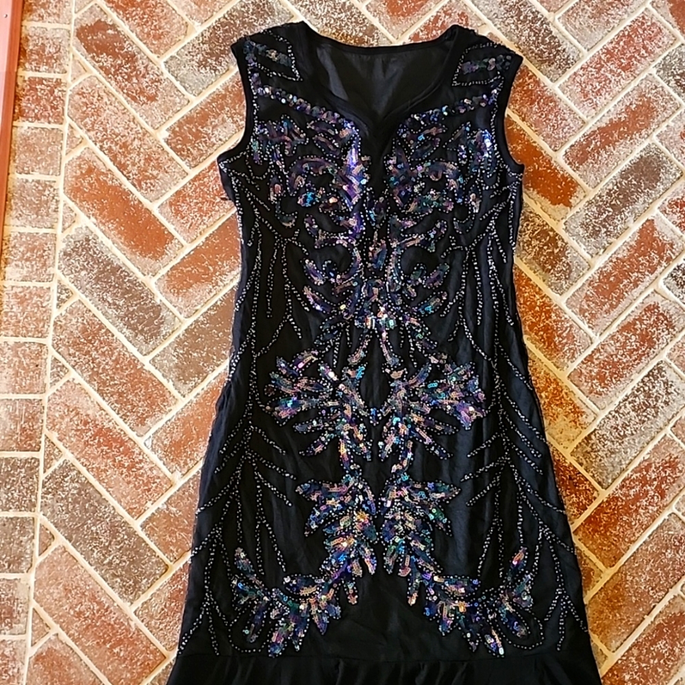 - Flash SALE 1 HOUR  y2k goth dress black with purple irredescnt sequins s…